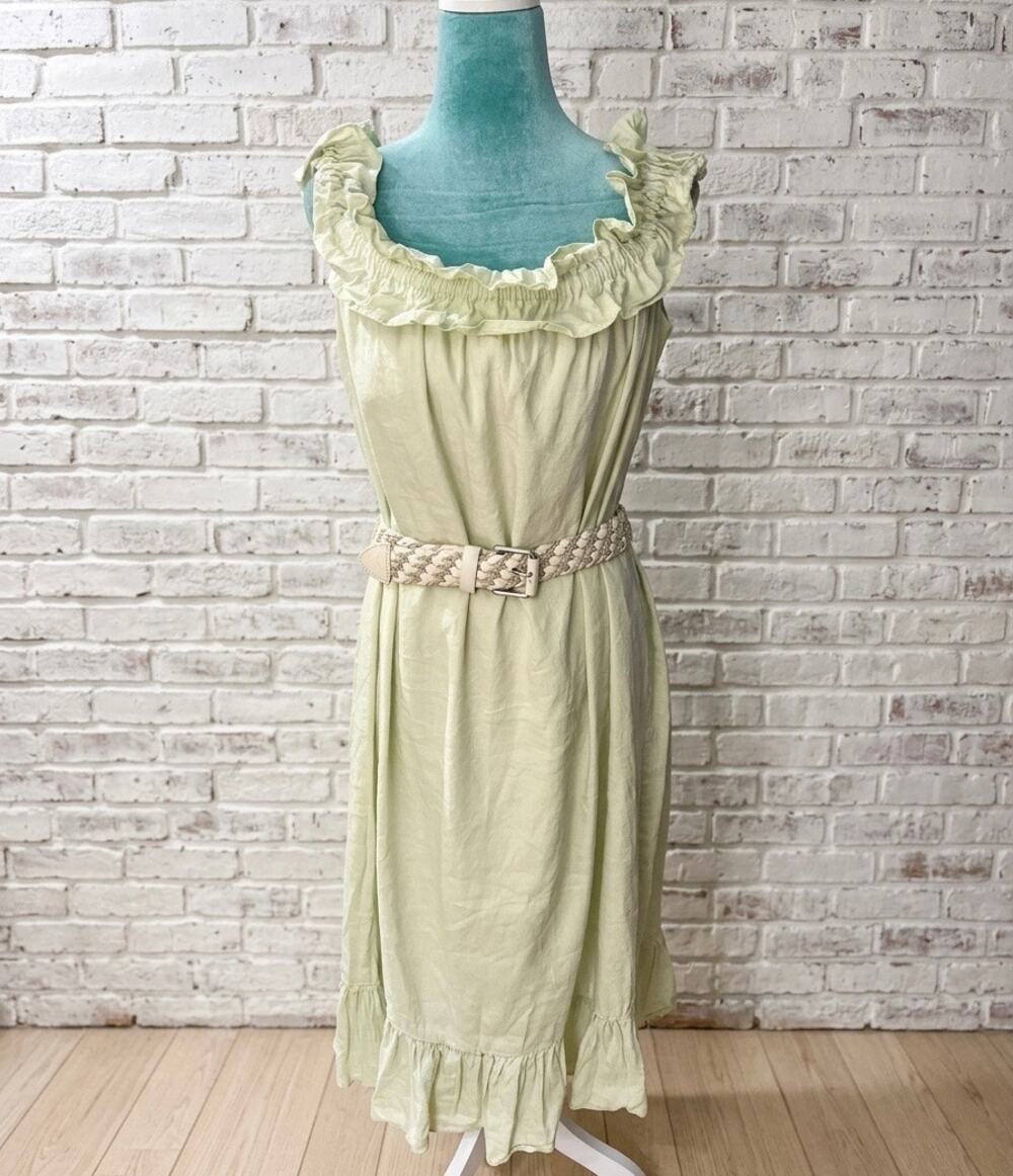 Antonio Melani Sage Green Linen Blend Ruffle Midi Dress 14 Coquette Romantic